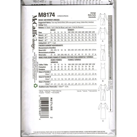 McCall's M8174 Women's 26W to 32W Bodycon Knit Dresses Uncut Sewing Pattern - Picture 2 of 2
